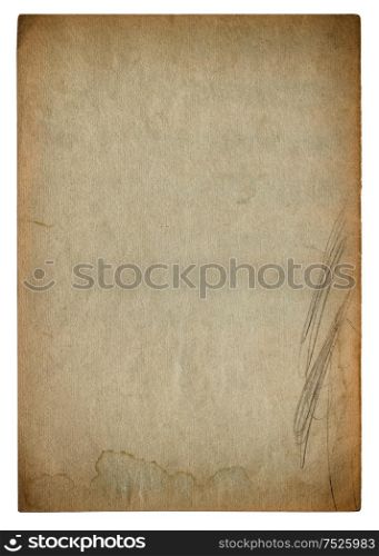 Used stained paper page texture. Vintage cardboard background with vignette