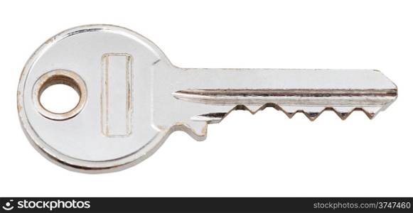 used steel door key for cylinder lock isolated on white background