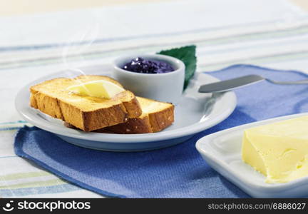 useful healthy breakfast with toast, butter and jam