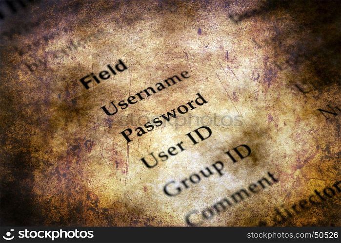 Username and password grunge concept