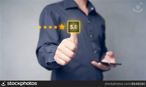 Users rate their service experience on a virtual application for customer satisfaction survey ideas. Best Business Rating Experience Service Businessman’s hand-selecting five-star satisfaction