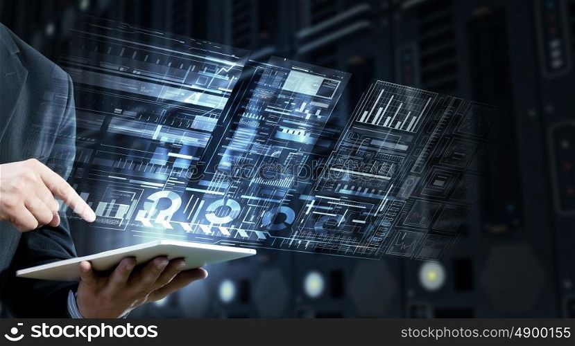 Using innovative technologies. Businessman using tablet over virtual interface background