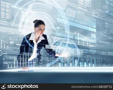 Using innovative technologies. Businesswoman pushing with finger icon on virtual screen