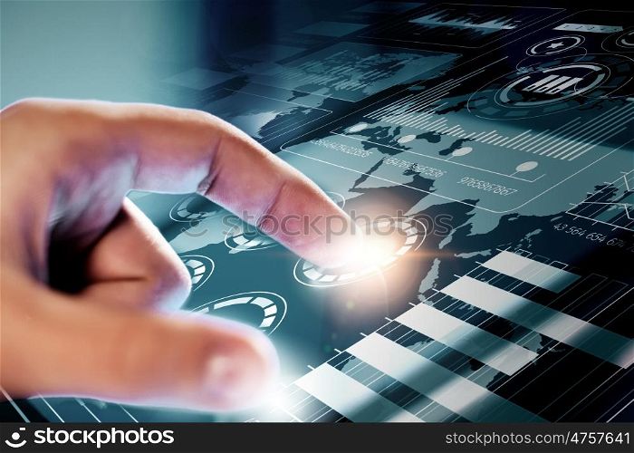 Using innovative technologies. Hand of businessman touching with finger media screen