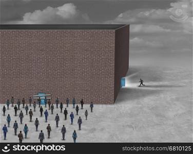 Using the side door business concept as a group of people blocked or locked out of a building with a closed entrance with another person running into a sideway opened gate with 3D illustration elements.