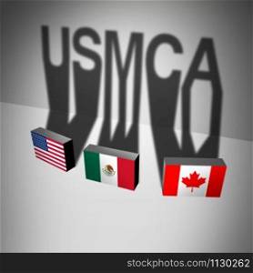 USMCA business concept as the United States Mexico Canada agreement symbol as a trade deal negotiation and economic deal for the American Mexican and Canadian governments as a 3D illustration.