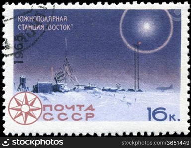 USSR - CIRCA 1965: A stamp printed in Russia shows South Pole Station &acute;Vostok&acute;, circa 1965