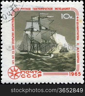 USSR - CIRCA 1965: A stamp printed in USSR, shows 145 years since the discovery of Antarctica, circa 1965