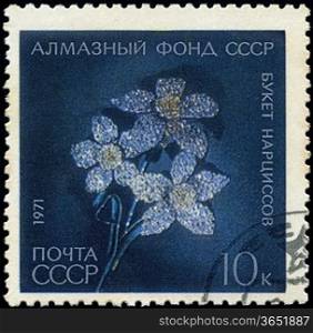 USSR - CIRCA 1971: A Stamp printed in USSR shows Brooch - bouquet of daffodils from Diamond fund of USSR, circa 1971