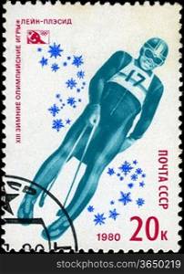 USSR-CIRCA 1980: A stamp printed in the USSR, dedicated XIII Winter Olympic Games, Lake Placid, Bob, circa 1980