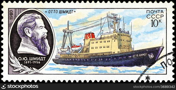 USSR - CIRCA 1980: A stamp printed in USSR (Russia) shows Portrait of a scientist and a ship his name with inscription &acute;Otto Shmidt&acute;, from the series &acute;Soviet Scientific Research Ships&acute;, circa 1980