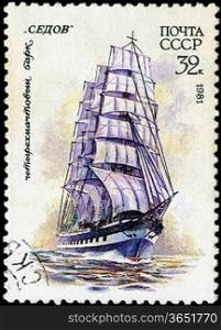 USSR- CIRCA 1981: a stamp printed by USSR, shows russian sailing four masted barque &acute; Sedov &acute;, series, circa 1981.
