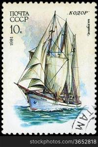 USSR- CIRCA 1981: a stamp printed by USSR, shows russian sailing schooner &acute; Kodor&acute;, series, circa 1981.