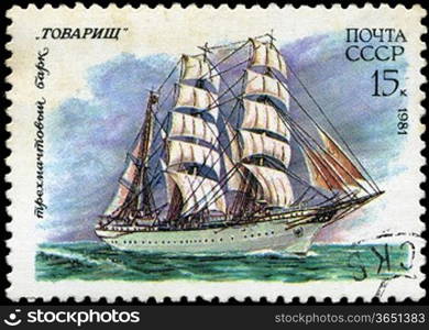 USSR- CIRCA 1981: a stamp printed by USSR, shows russian sailing three masted barque &acute; Tovarisch&acute;, series, circa 1981.