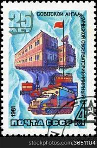 USSR-CIRCA 1981: A stamp printed in USSR, 25 years of Soviet Antarctic Observatory &acute;Mirny Station&acute;, circa 1981