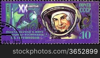 USSR - CIRCA 1983: A Stamp printed in USSR (Russia) shows portrait of Tereshkova, with inscriptions and name of series &acute;20th Anniversary of First Woman Cosmonaut - Valentina Tereshkova&acute;, circa 1983