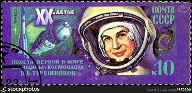 USSR - CIRCA 1983: A Stamp printed in USSR (Russia) shows portrait of Tereshkova, with inscriptions and name of series &acute;20th Anniversary of First Woman Cosmonaut - Valentina Tereshkova&acute;, circa 1983