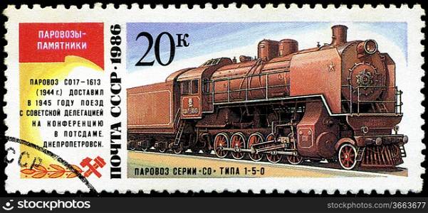USSR- CIRCA 1986: A stamp printed in the USSR shows the CO17-1613 steam locomotive made in 1945, circa 1986.