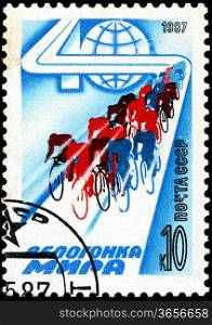 USSR - CIRCA 1987: The postal stamp printed in USSR is shown by the Peace Race, CIRCA 1987. Group of bicycle racers