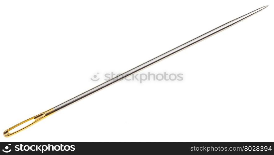usual sewing needle with yellow needle&rsquo;s eye isolated on white background