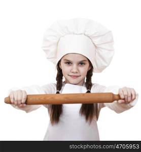 ?ute little girl baking on kitchen and shows rolling-pin, isolated on a white background