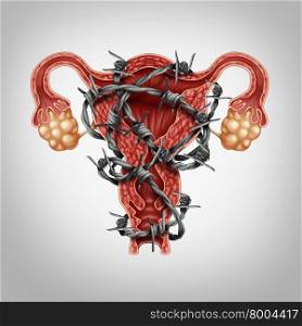 Uterus and abdominal pain medical concept with painful barbed wire wrapped on the anatomy as an endometriosis problem with the human female reproduction symbol as a symbol of fertility and reproductive system disease or illness.