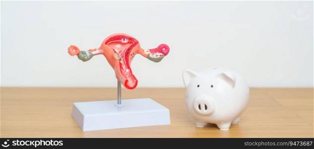 Uterus and Ovaries model with Piggy Bank for Ovarian and Cervical cancer, Cervix disorder, Endometriosis, Hysterectomy, Uterine, Reproductive, Pregnancy, Donation and Charity concept
