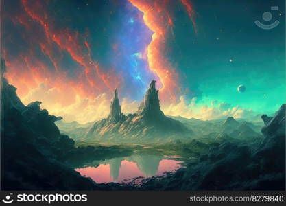 Utopian dreamland landscape with sky of colorful nebula. distinct generative AI image.. Utopian dreamland landscape with sky of colorful nebula