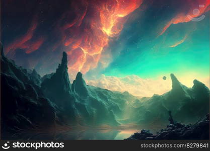 Utopian dreamland landscape with sky of colorful nebula. distinct generative AI image.. Utopian dreamland landscape with sky of colorful nebula