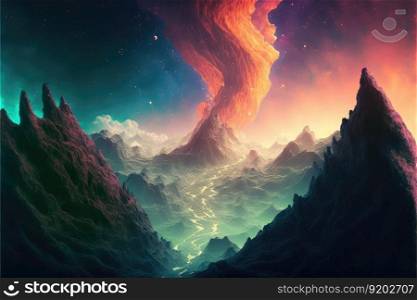 Utopian dreamland landscape with sky of colorful nebula. distinct generative AI image.. Utopian dreamland landscape with sky of colorful nebula