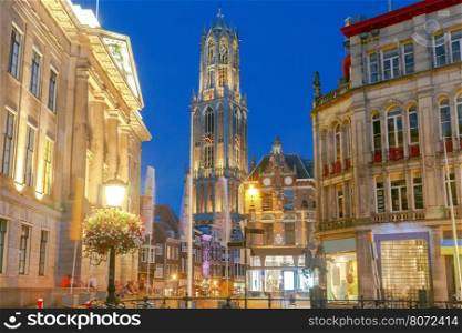Utrecht. Old tower at night.. Quay Vismarkt and Domtoren in night light. Utrecht. Holland.