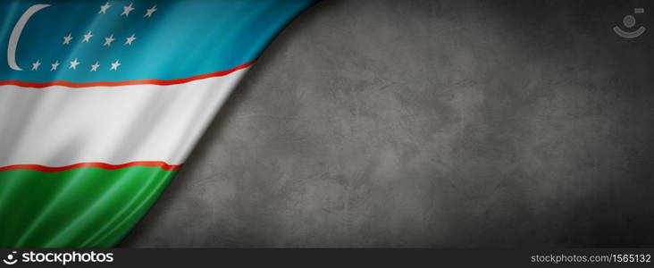 Uzbekistan flag on concrete wall. Horizontal panoramic banner. 3D illustration. Uzbekistan flag on concrete wall banner