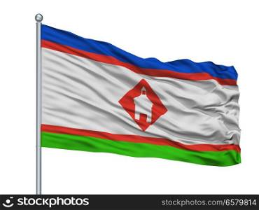 Uzlovaya City Flag On Flagpole, Country Russia, Tula Oblast, Isolated On White Background. Uzlovaya City Flag On Flagpole, Russia, Tula Oblast, Isolated On White Background