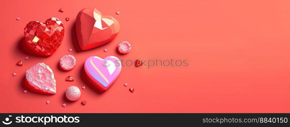 Va≤nti≠’s Day 3D Illustration Design Heart Diamond and Crystal Themed Ban≠r and Background