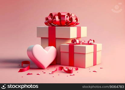 Va≤nti≠’s Day Gift boxes with red ribbon and hearts onπnk background. Ge≠rative AI.. Va≤nti≠’s Day Gift boxes with red ribbon and hearts onπnk background. Ge≠rative AI