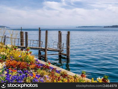 Vacation at Lake Constance sunshine blue sky and colorful flowers