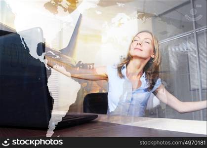Vacation daydreams. Smiling woman with closed eyes is virtually flying in a modern office.. Indulging in vacation daydreams