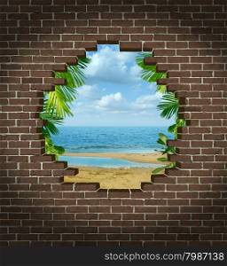 Vacation escape concept and getting away symbol as a broken brick wall revealing a tropical beach rersort tourist attraction as an icon for escaping the city to a warm paradise destination.