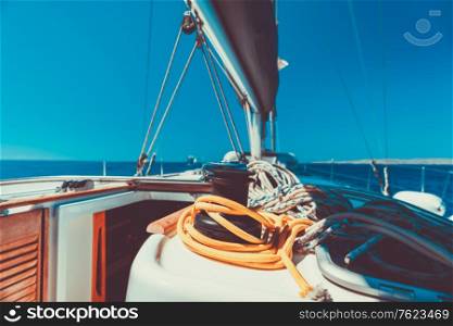 Vacation on sailboat, closeup photo of yacht equipment, sailing sport, summer holidays at sea