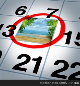 Vacation plan traveling concept and planning your trip as a calendar date reminder with a sunny beach and palm trees highlighted with a red marker as a symbol of planning a fun relaxing holiday event.