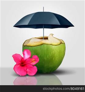 Vacation security symbol as a coconut tropical drink protected and covered with an umbrella as a travel and tourism safety guarantee concept with 3D illustration elements.