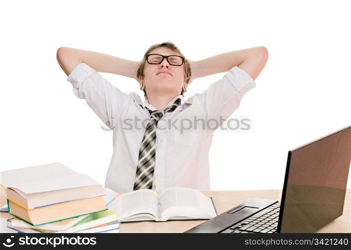 vacationer student sits behind a desk isolated on white background