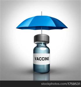 Vaccination concept and vaccine medication protection and flu or coronavirus medical cure and disease prevention as a bottle of vaccine with an umbrella as a health care metaphor for immunization as a 3D render.