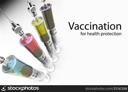 Vaccination. Syringes with vaccine and space for text. 3d