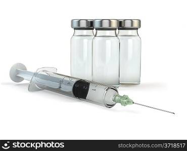Vaccination. Vials and syringeon white isolated background, 3d