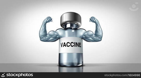 Vaccine Power symbol as a medicine bottle for life saving vacination of a dangerous virus infection as coronavirus or covid-19 and influenza or the flu with 3D illustration elements.