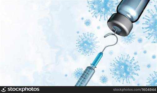Vaccine question and Virus vaccination treatment questions and flu or coronavirus medical disease uncertainty and risk as a syringe or needle as a medicine cure for infection cases as a 3D render.