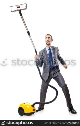Vacuum cleaning by businessman on white