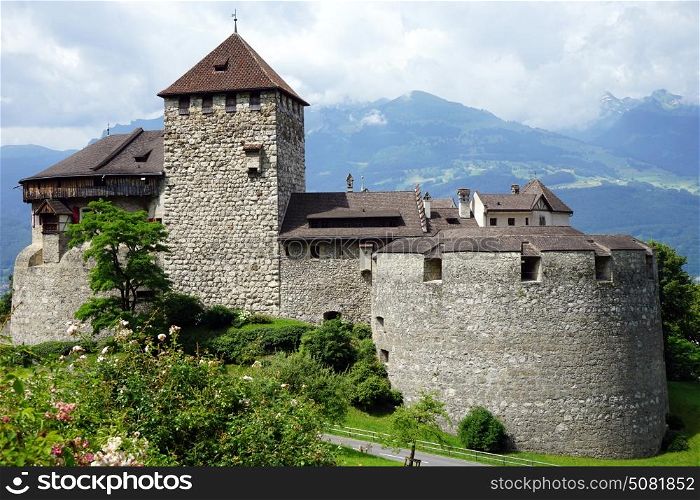 Vaduz castle on the hill and road, Lichtenstein