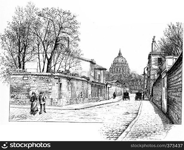 Val-de-Grace seen from the street of health, vintage engraved illustration. Paris - Auguste VITU ? 1890.